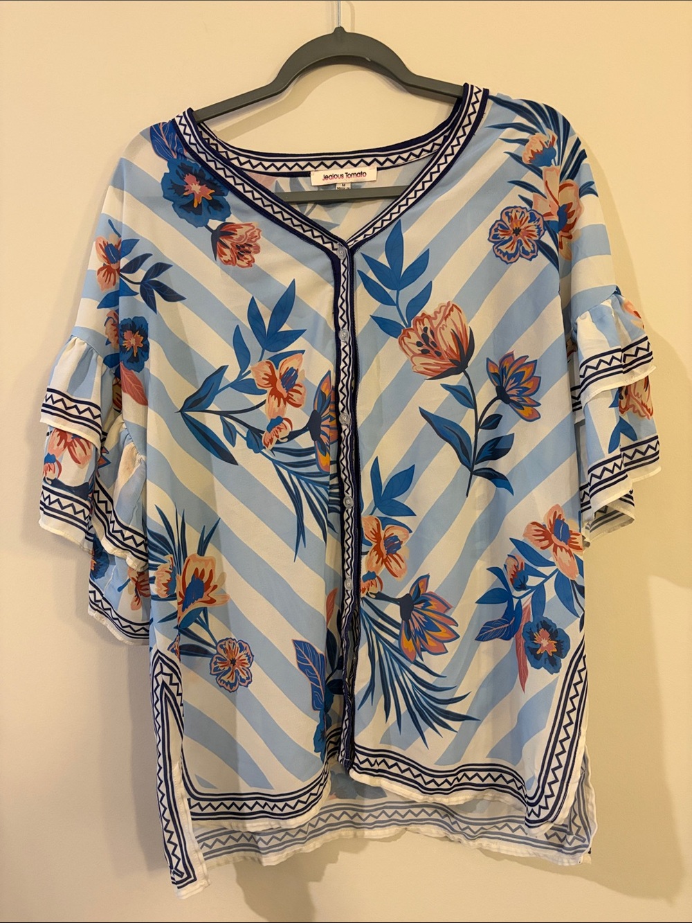 Jealous Tomato Blue Floral Striped Kimono Top